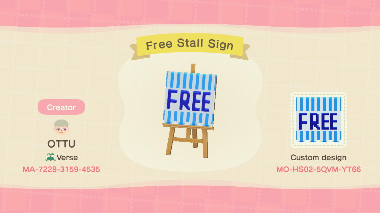Animal Crossing Design Code: MO-HS02-5QVM-YT66 Free Stall Sign