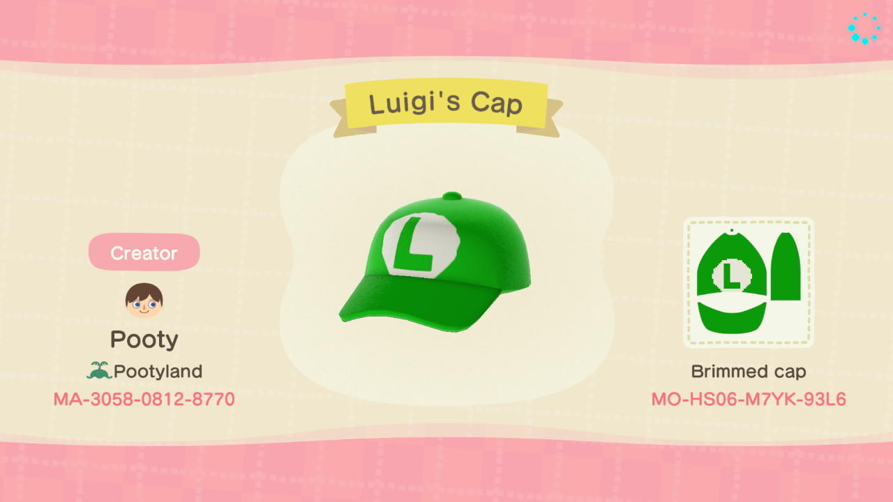 Animal Crossing Design Code: MO-HS06-M7YK-93LG Luigi&#39;s Cap