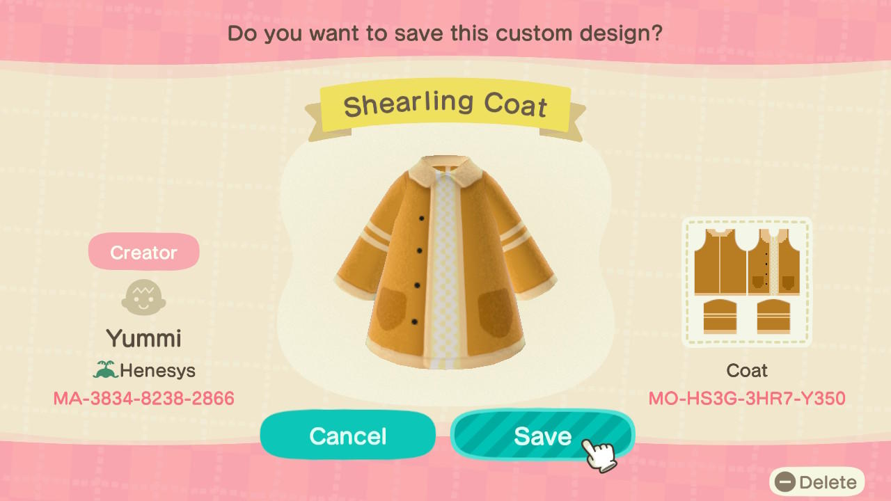 Animal Crossing Design Code: MO-HS3G-3HR7-Y350 Shearling Coat
