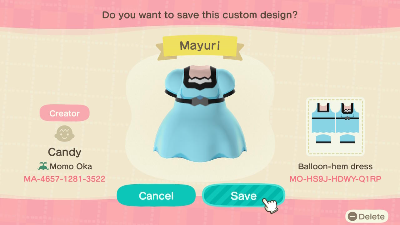 Animal Crossing Design Code: MO-HS9J-HDWY-Q1RP Mayuri
