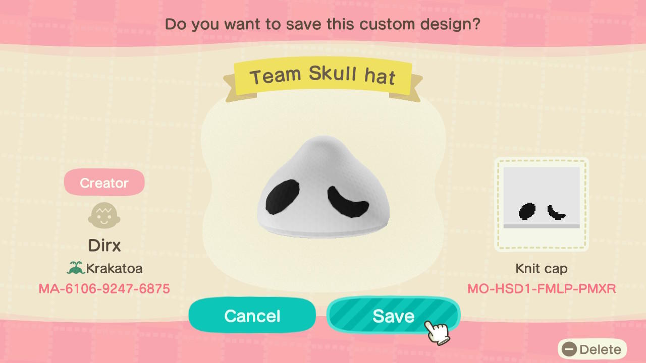 Animal Crossing Design Code: MO-HSD1-FMLP-PMXR Team Skull hat