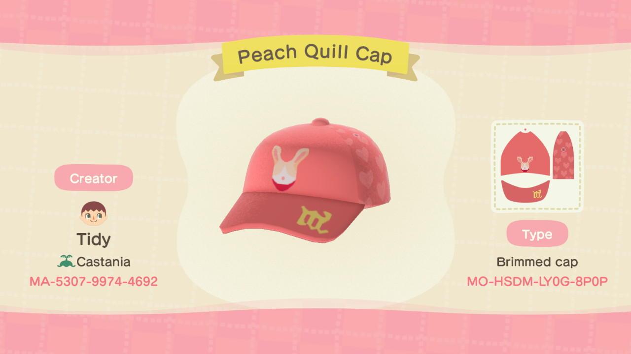 Animal Crossing Design Code: MO-HSDM-LY0G-8P0P Peach Quill Cap