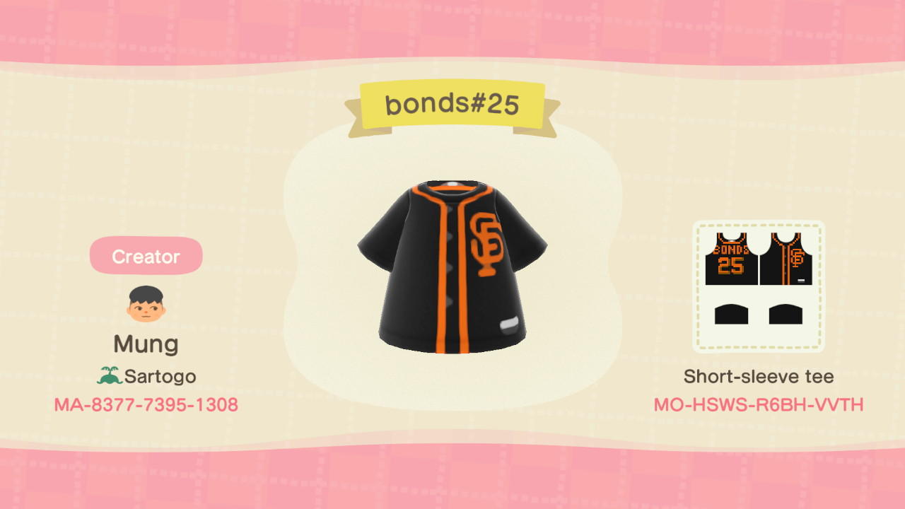 Animal Crossing Design Code: MO-HSWS-R6BH-VVTH Giants Barry Bonds