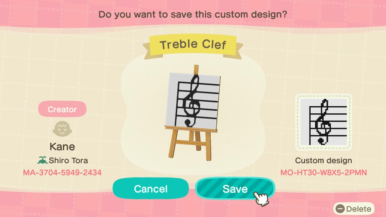 Animal Crossing Design Code: MO-HT30-W8X5-2PMN Treble Clef