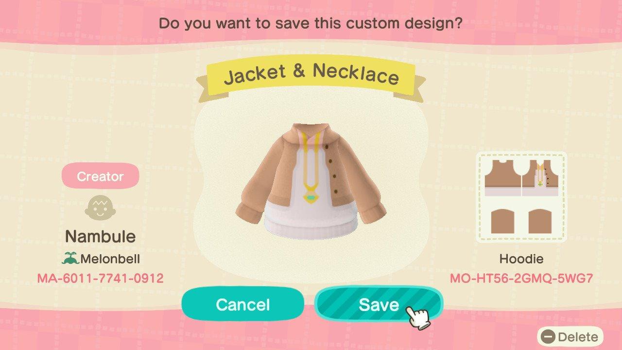 Animal Crossing Design Code: MO-HT56-2GMQ-5WG7 Jacket & Necklace
