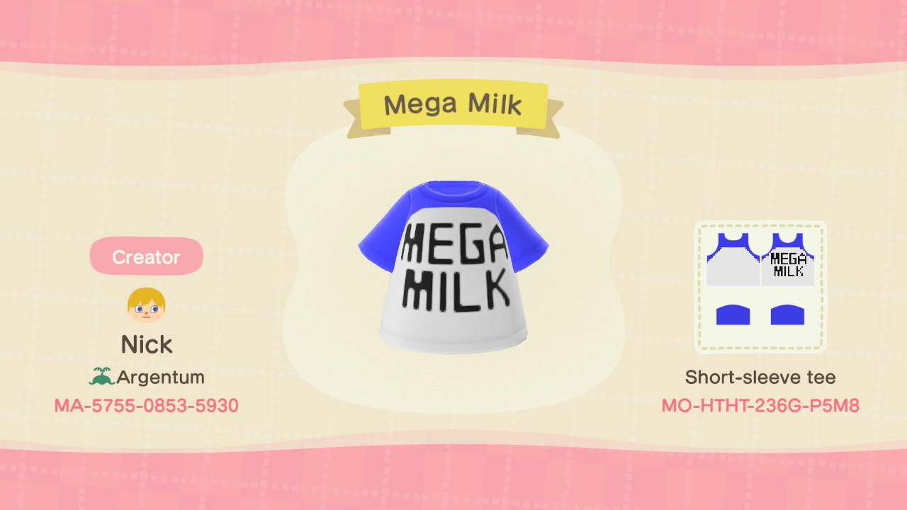 Animal Crossing Design Code: MO-HTHT-236G-P5M8 Mega Milk Shirt