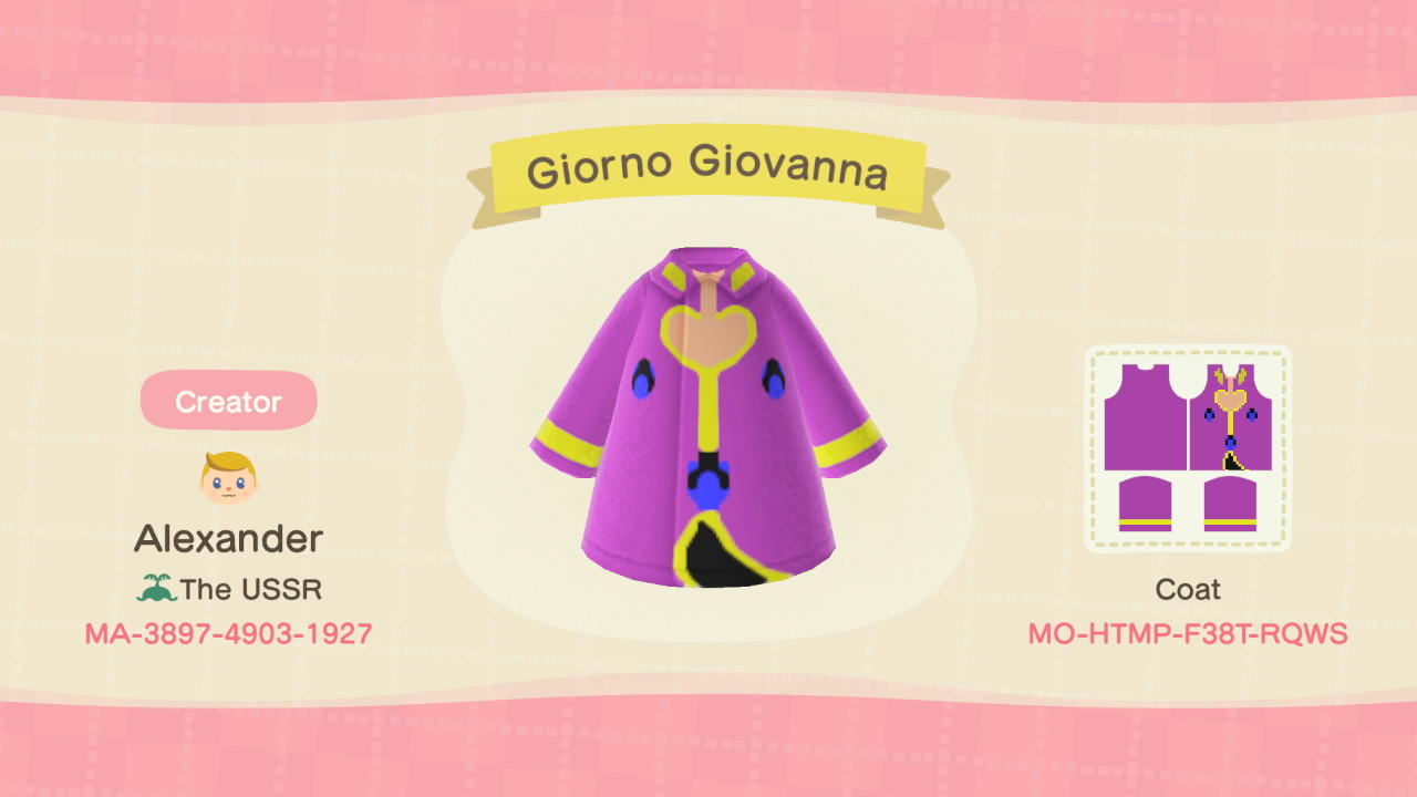 Animal Crossing Design Code: MO-HTMP-F38T-RQWS Giorno Coat
