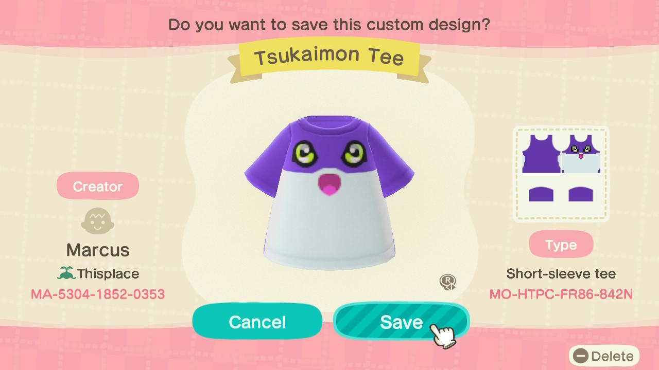 Animal Crossing Design Code: MO-HTPC-FR86-842N Tsukaimon Tee