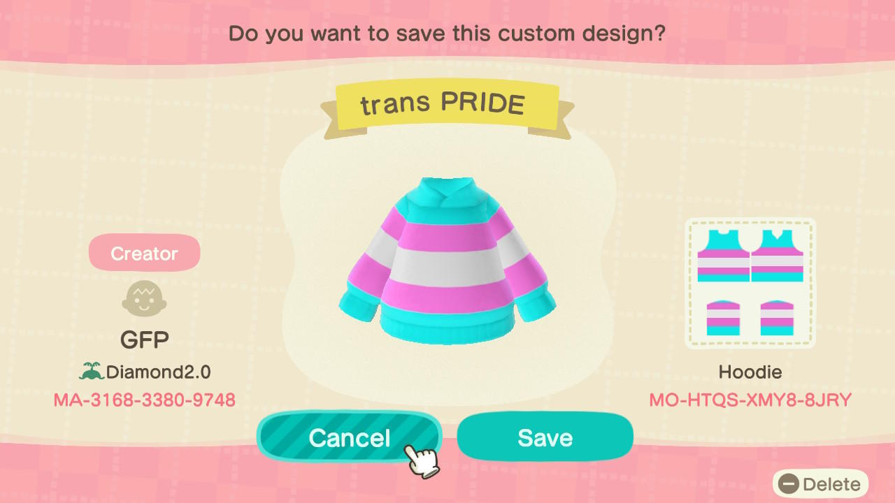Animal Crossing Design Code: MO-HTQS-XMY8-8JRY trans PRIDE