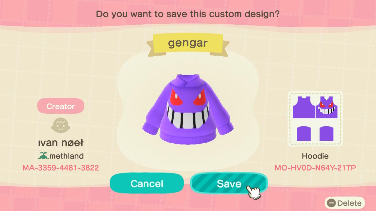 Animal Crossing Design Code: MO-HV0D-N64Y-21TP gengar hoodie