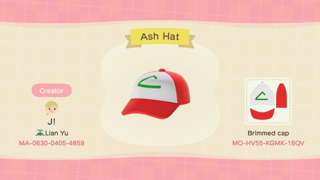 Animal Crossing Design Code: MO-HV55-KGMK-16QV Ash Hat (Kanto)