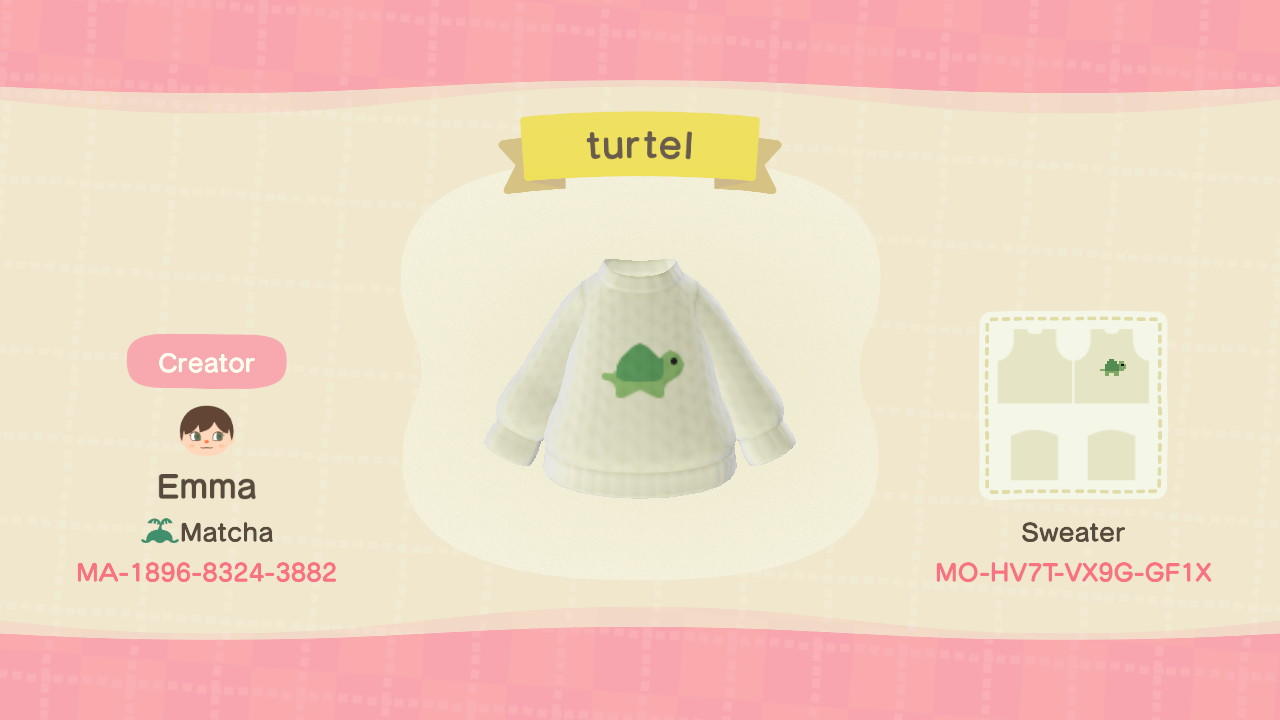 Animal Crossing Design Code: MO-HV7T-VX9G-GF1X Turtle Sweater