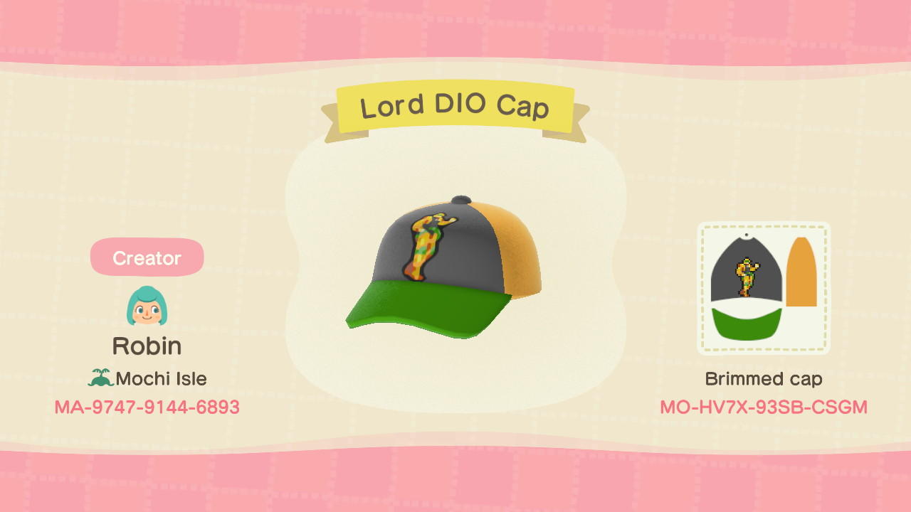 Animal Crossing Design Code: MO-HV7X-93SB-CSGM Lord DIO Cap
