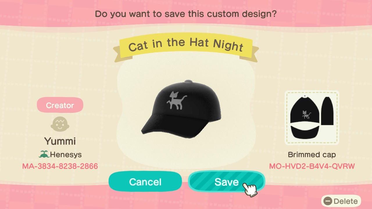 Animal Crossing Design Code: MO-HVD2-B4V4-QVRW Cat in the Hat Night