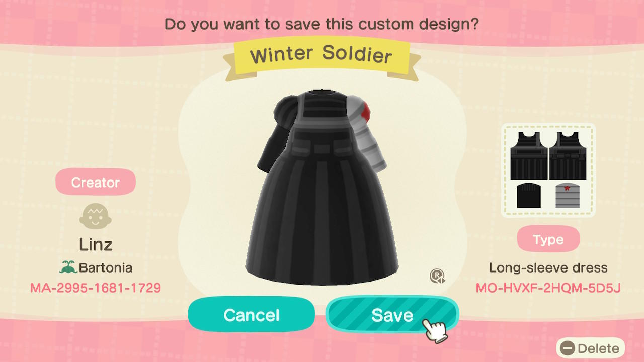 Animal Crossing Design Code: MO-HVXF-2HQM-5D5J Winter Soldier
