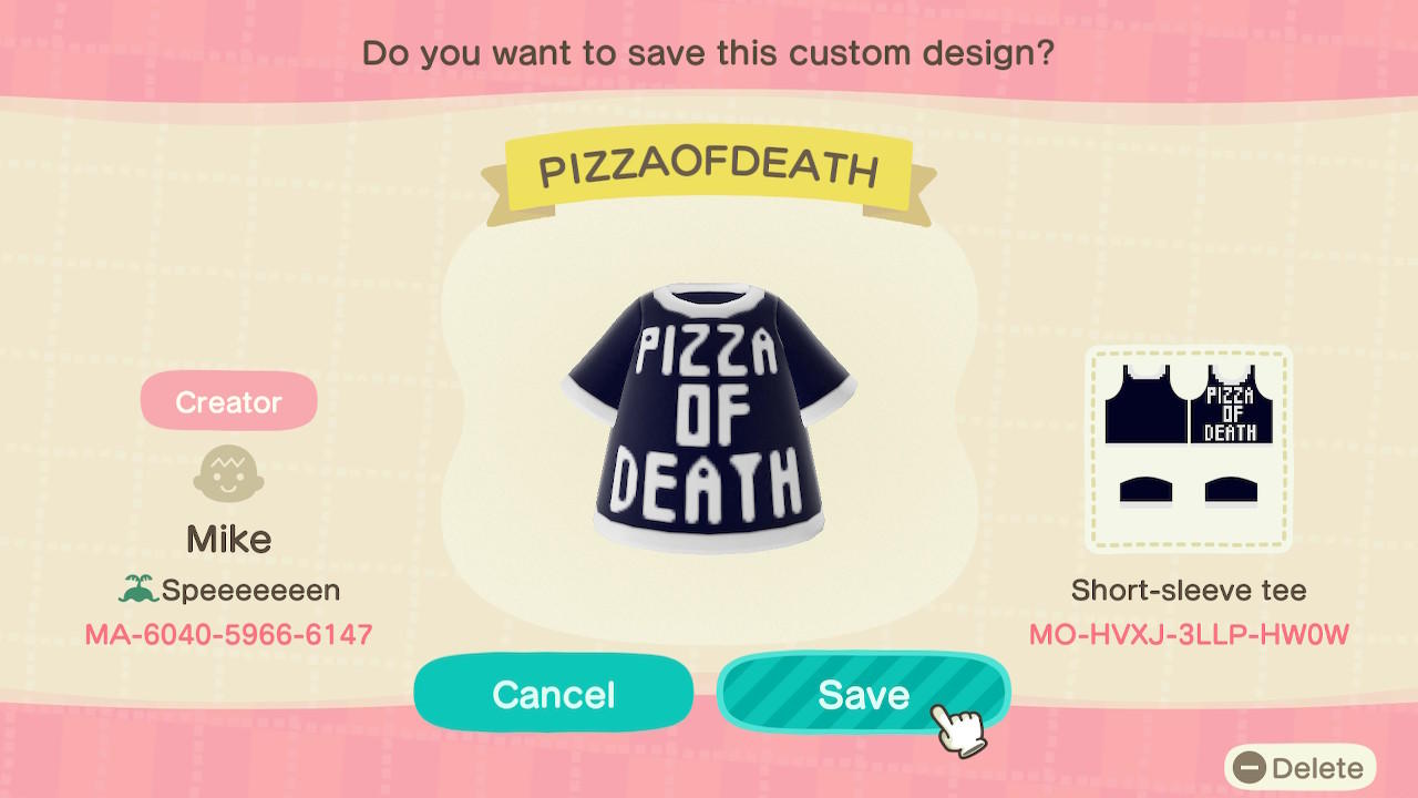 Animal Crossing Design Code: MO-HVXJ-3LLP-HW0W PIZZAOFDEATH