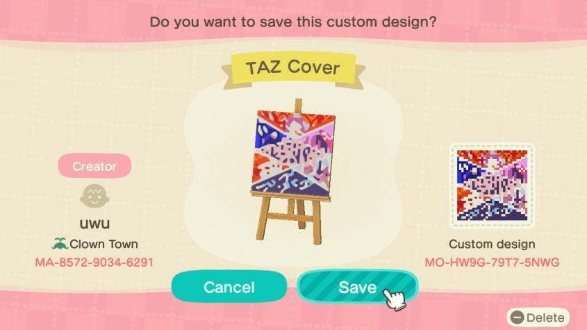 Animal Crossing Design Code: MO-HW9G-79T7-5NWG TAZ Cover