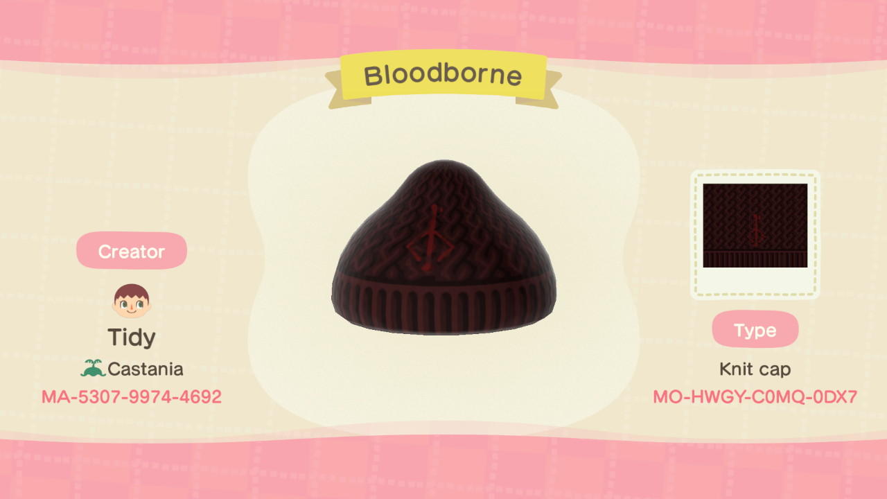 Animal Crossing Design Code: MO-HWGY-C0MQ-0DX7 Bloodborne Beanie