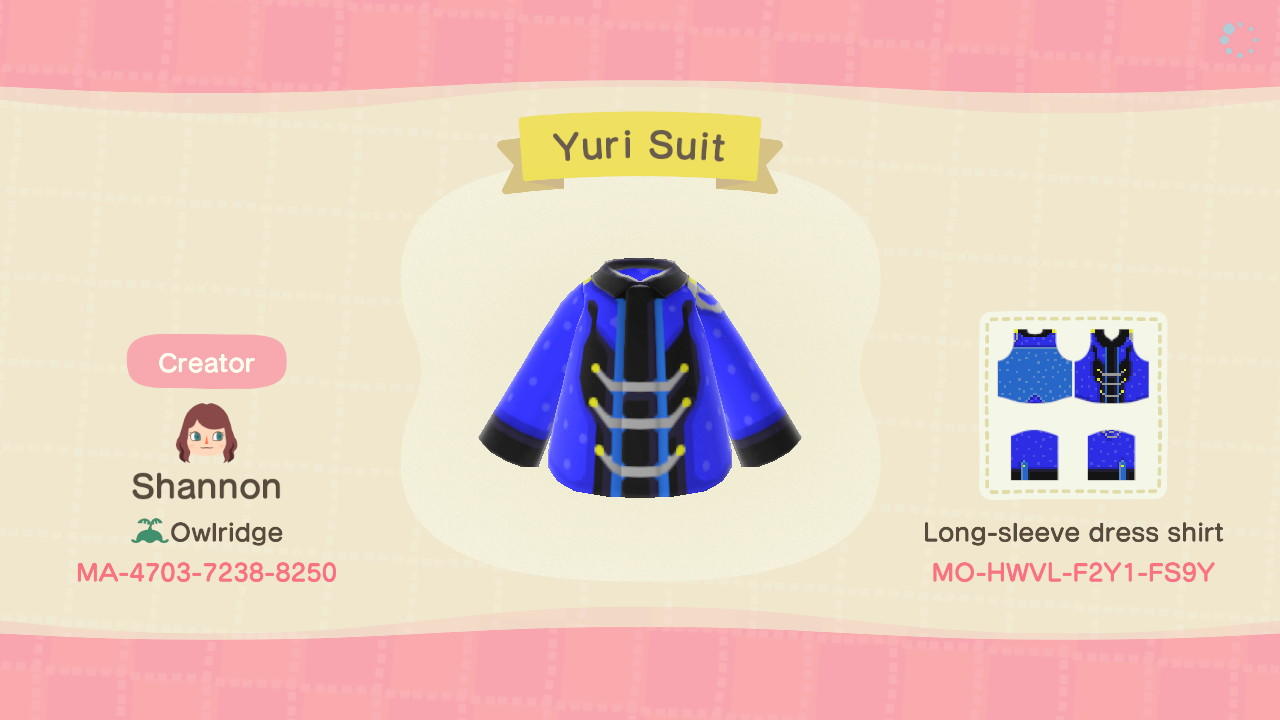 Animal Crossing Design Code: MO-HWVL-F2Y1-FS9Y Yuri’s Suit