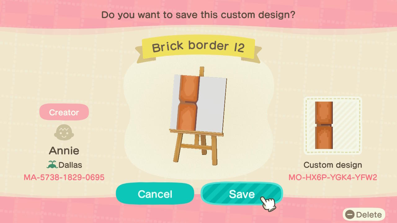 Animal Crossing Design Code: MO-HX6P-YGK4-YFW2 Brick Border Left