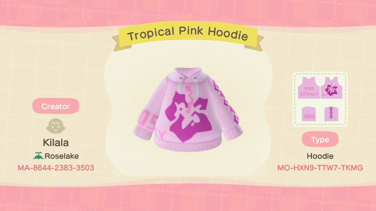 Animal Crossing Design Code: MO-HXN9-TTW7-TKMG Tropical Pink Hoodie