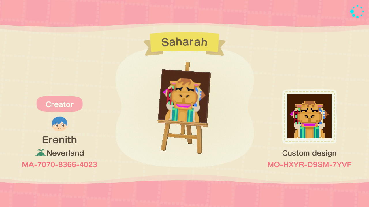 Animal Crossing Design Code: MO-HXYR-D9SM-7YVF Saharah