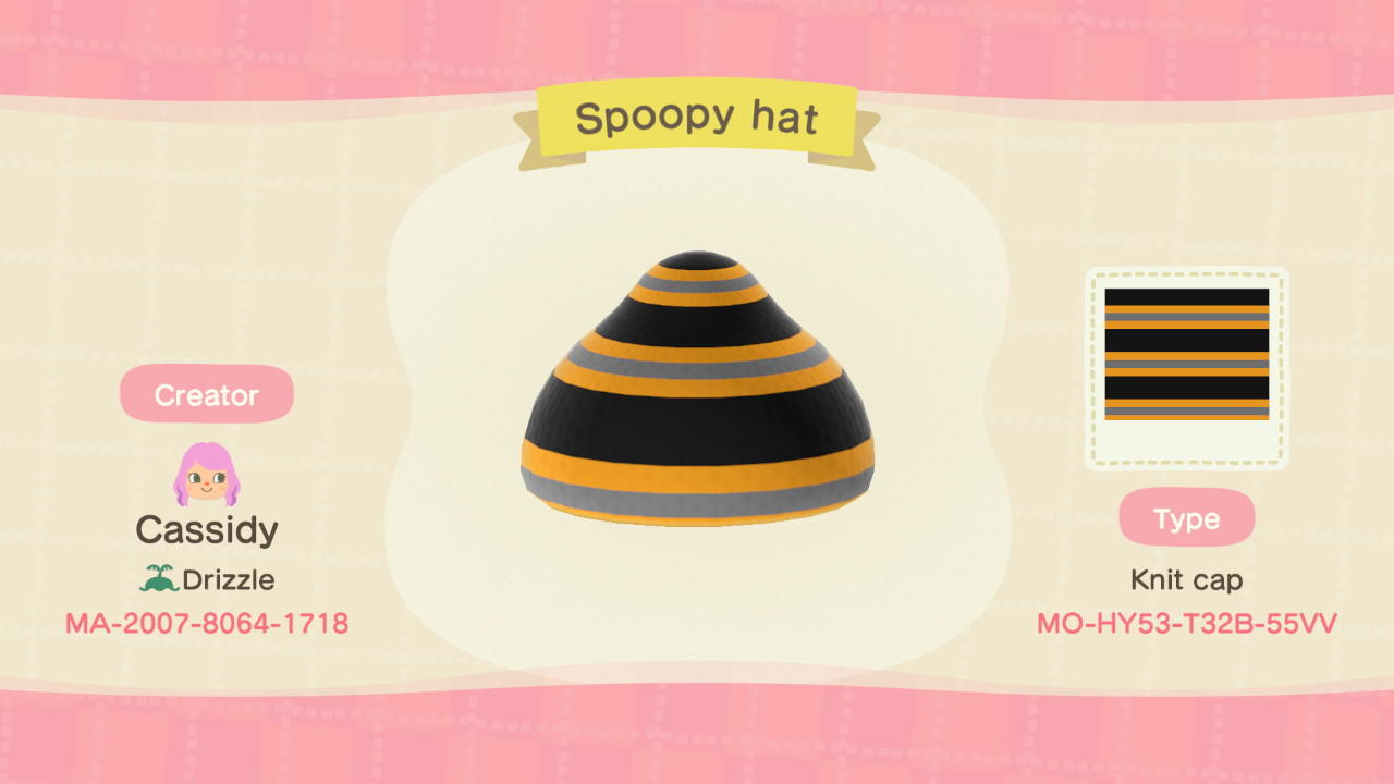 Animal Crossing Design Code: MO-HY53-T32B-55VV Spoopy Hat
