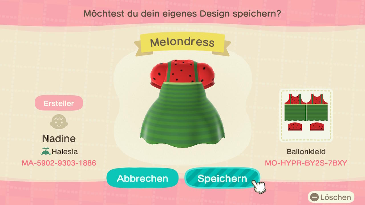 Animal Crossing Design Code: MO-HYPR-BY2S-7BXY Melondress