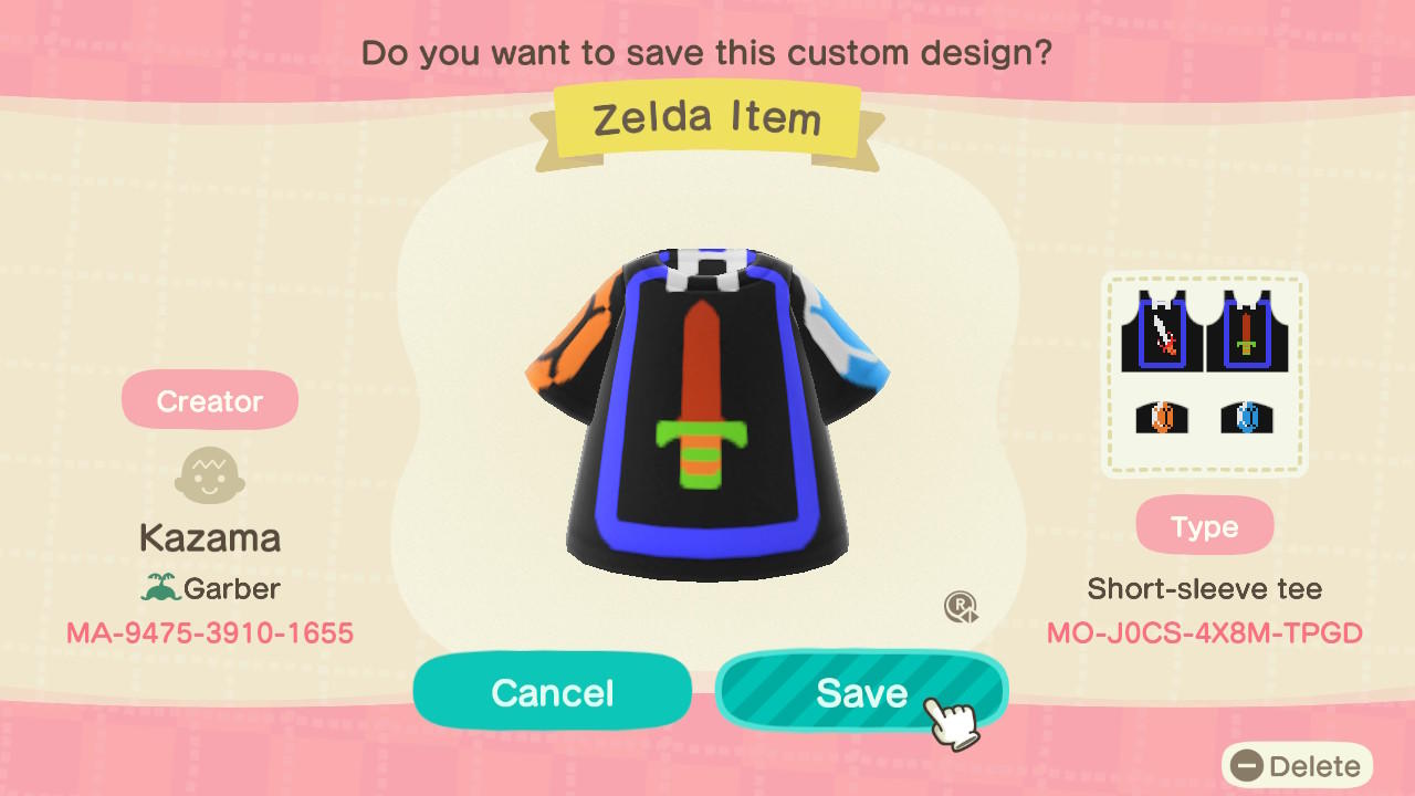 Animal Crossing Design Code: MO-J0CS-4X8M-TPGD Zelda Item