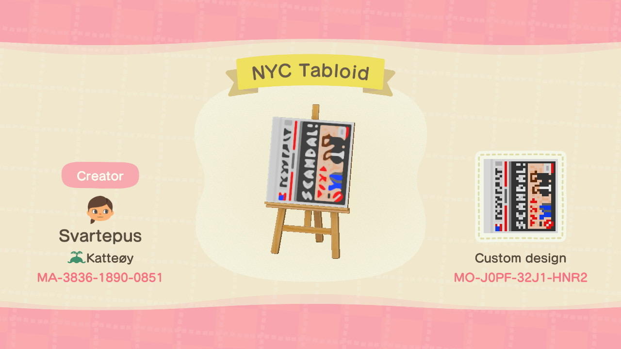 Animal Crossing Design Code: MO-J0PF-32J1-HNR2 NYC Tabloid