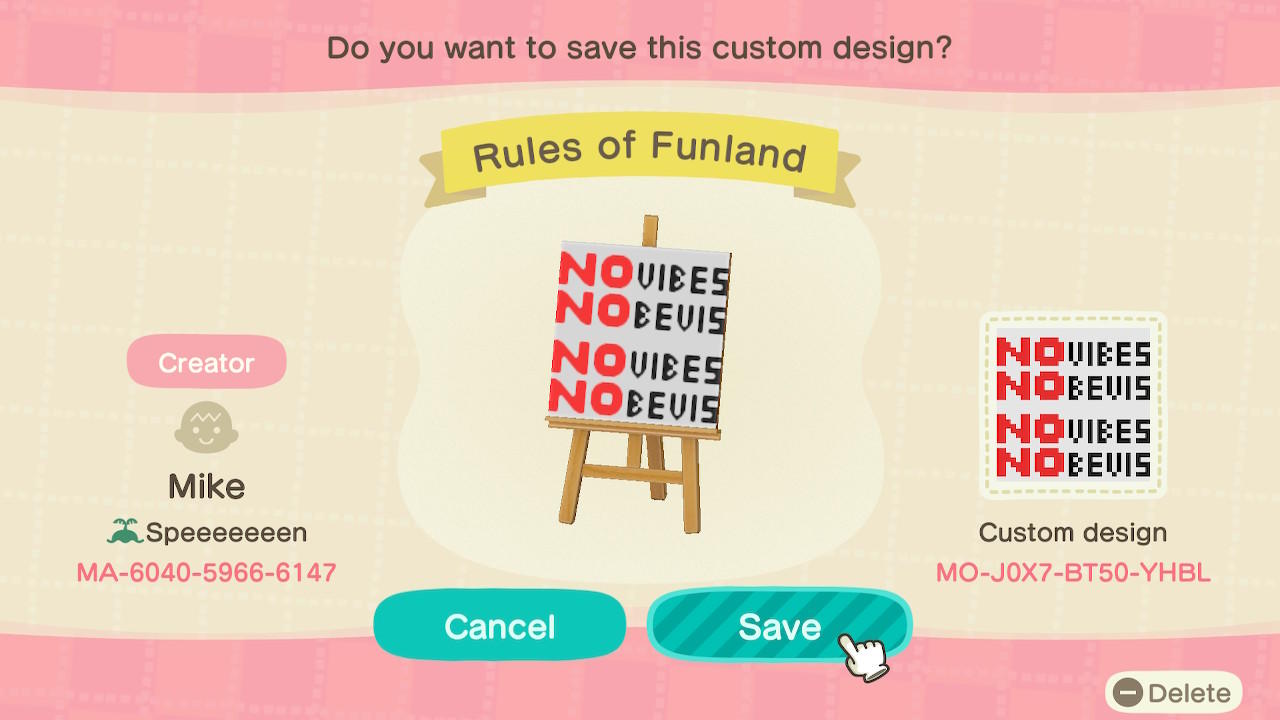 Animal Crossing Design Code: MO-J0X7-BY50-YHBL Rules of Funland