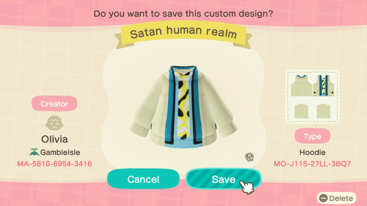 Animal Crossing Design Code: MO-J115-27LL-3BQ7 Satan human realm