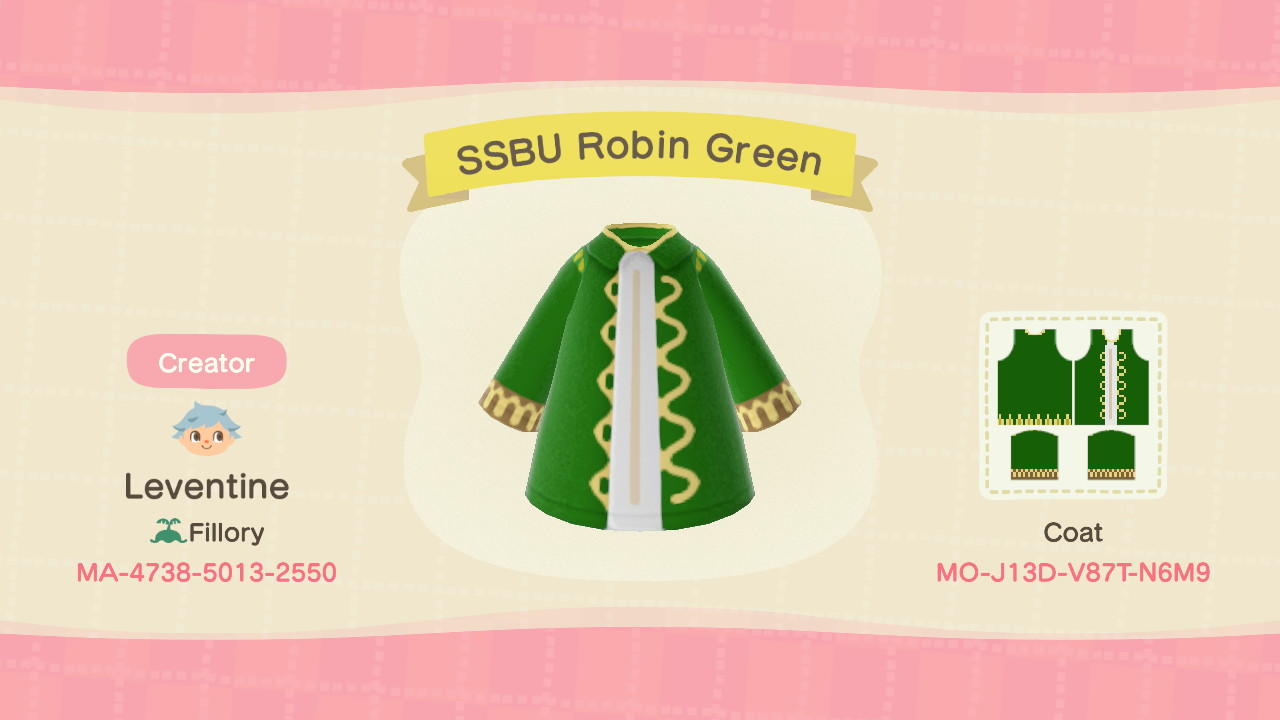 Animal Crossing Design Code: MO-J13D-V87T-N6M9 SSBU Robin Green