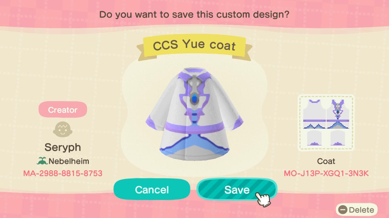 Animal Crossing Design Code: MO-J13P-XGQ1-3N3K Cardcaptor Yue Coat