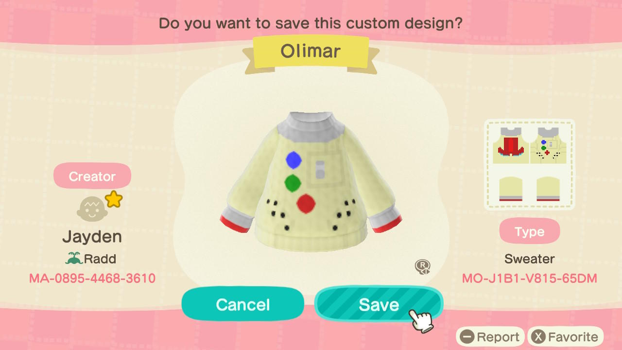 Animal Crossing Design Code: MO-J1B1-V815-65DM Olimar