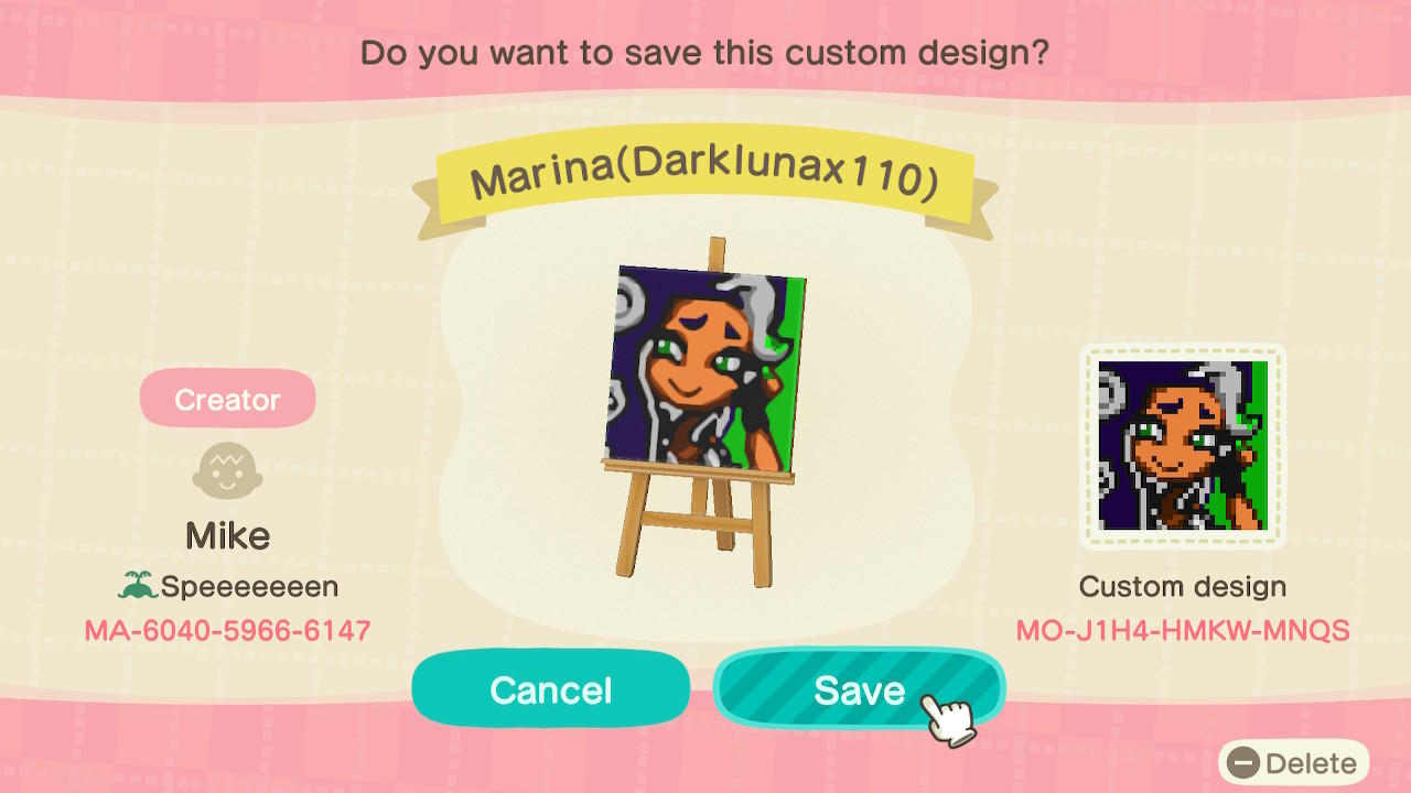 Animal Crossing Design Code: MO-J1H4-HMKW-MNQS Marina(Darklunax110)