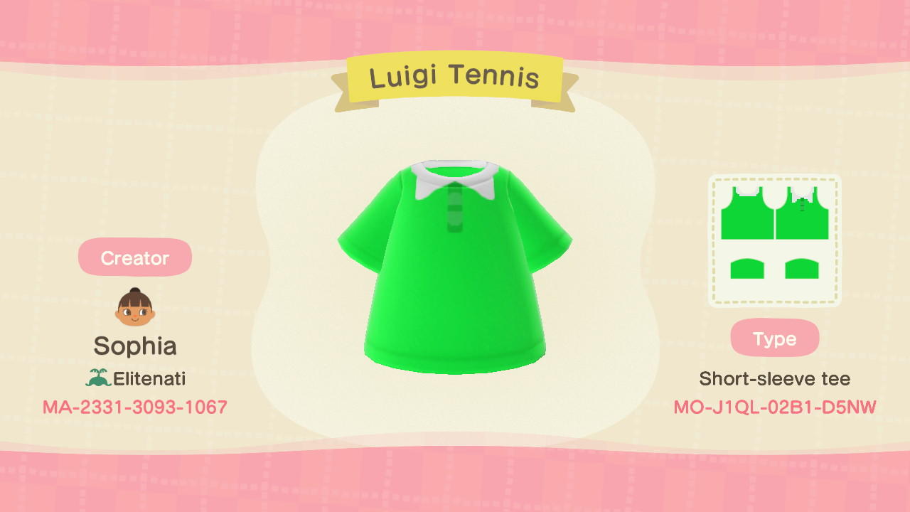 Animal Crossing Design Code: MO-J1QL-02B1-D5NW Luigi Tennis