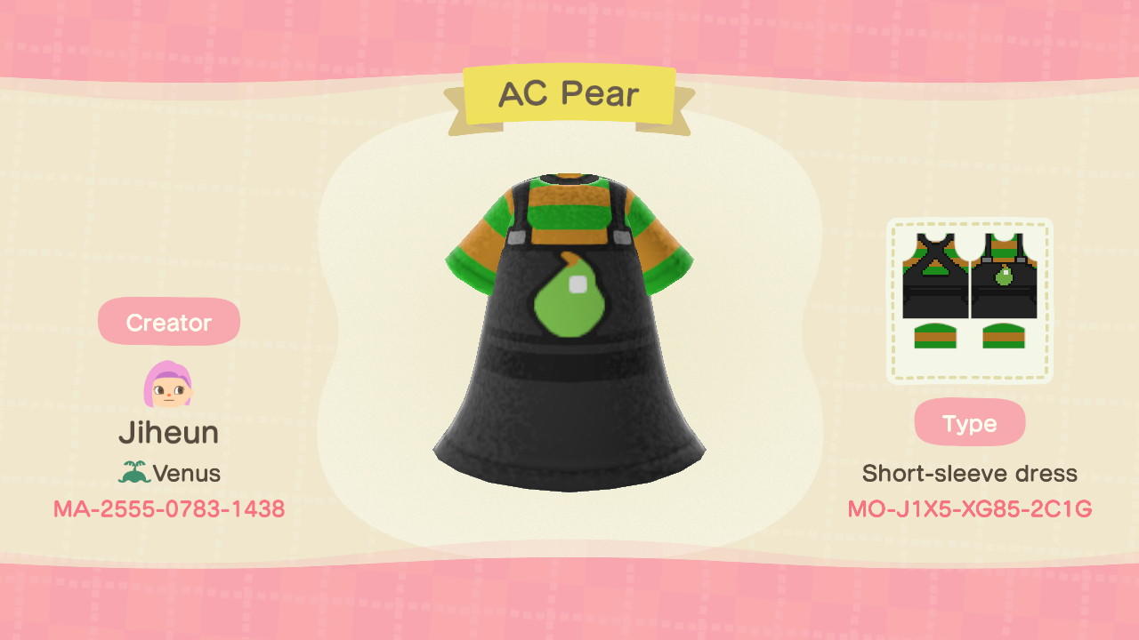 Animal Crossing Design Code: MO-J1X5-XG85-2C1G AC Pear Overalls