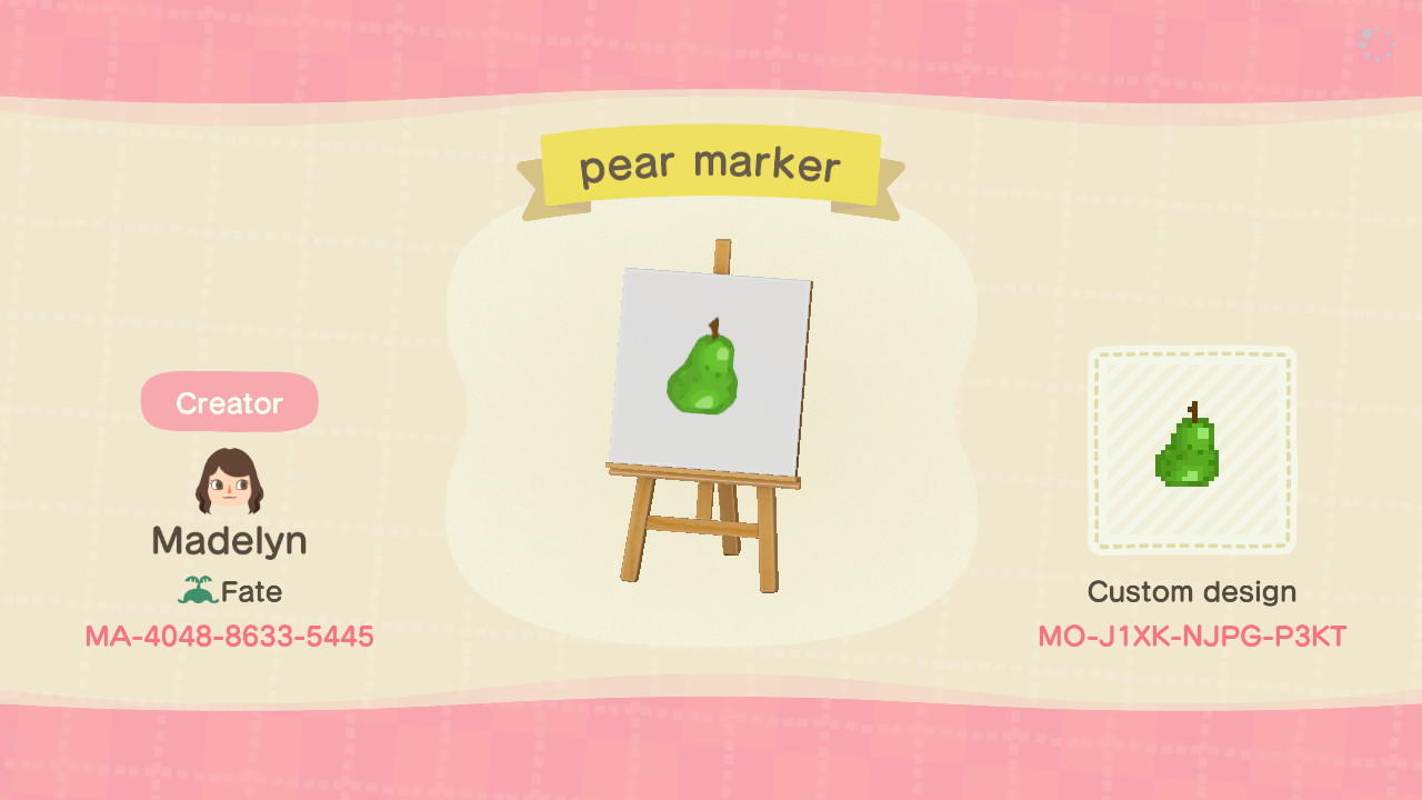 Animal Crossing Design Code: MO-J1XK-NJPG-P3KT pear marker