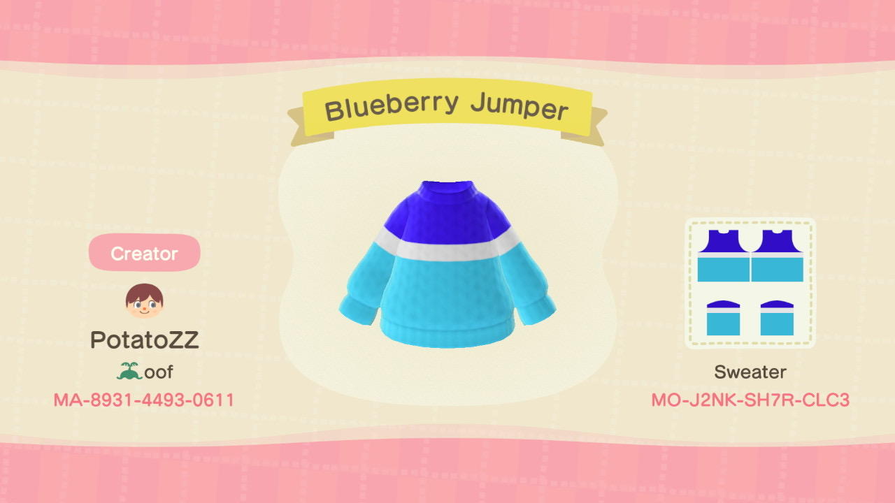 Animal Crossing Design Code: MO-J2NK-SH7R-CLC3 Blueberry Jumper