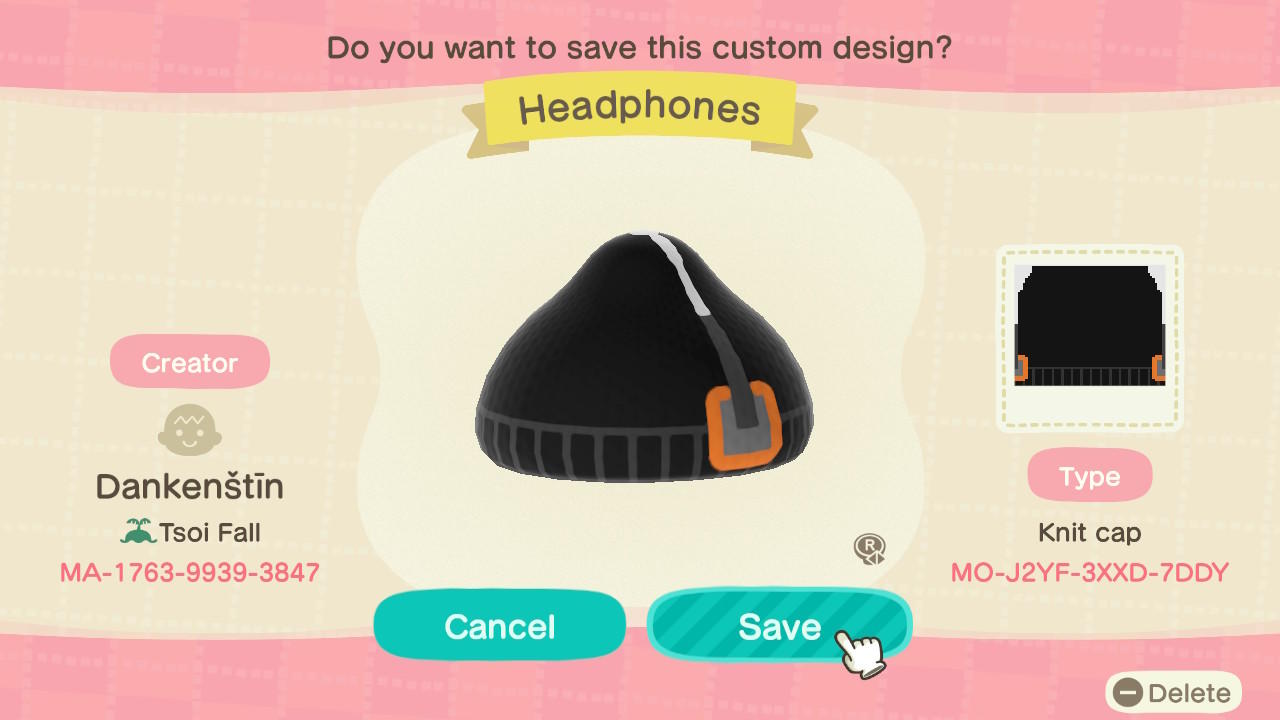 Animal Crossing Design Code: MO-J2YF-3XXD-7DDY Beanie w/ Headphones