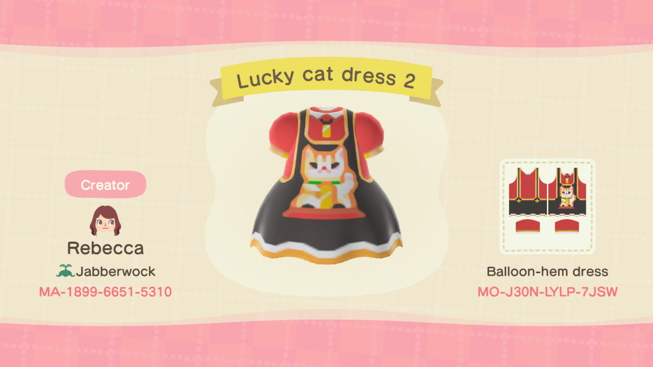 Animal Crossing Design Code: MO-J30N-LYLP-7JSW Lucky Cat Dress
