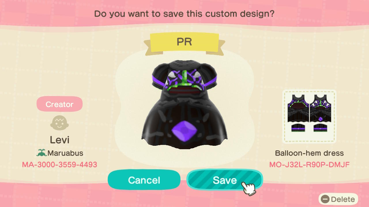 Animal Crossing Design Code: MO-J32L-R90P-DMJF Gothic Dress
