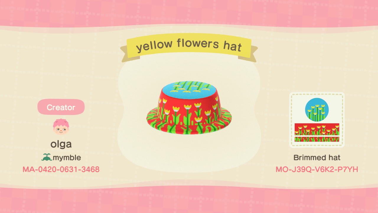 Animal Crossing Design Code: MO-J39Q-V6K2-P7YH yellow flowers hat