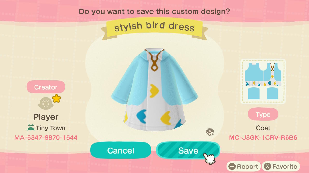 Animal Crossing Design Code: MO-J3GK-1CRV-R6B6 Stylish Bird Dress