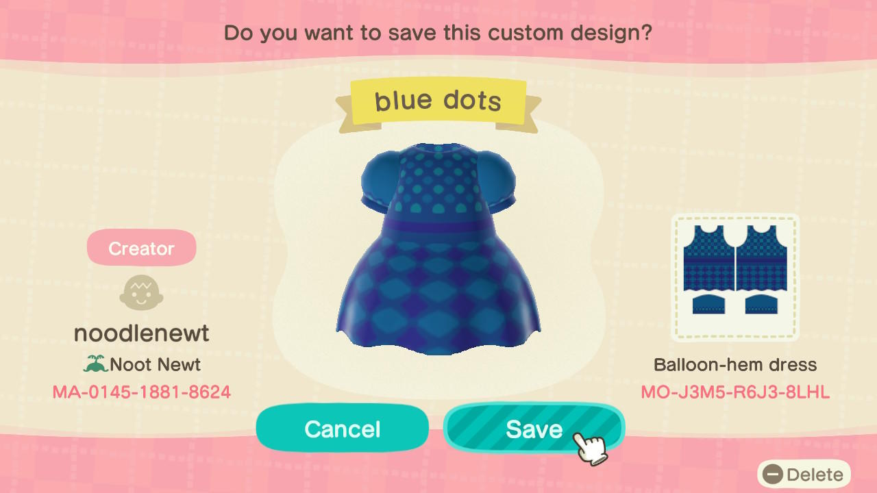 Animal Crossing Design Code: MO-J3M5-R6J3-8LHL Blue dots