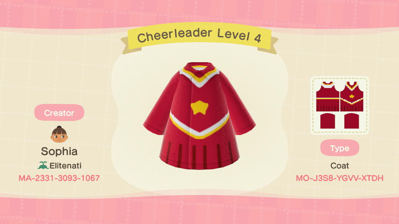 Animal Crossing Design Code: MO-J3S8-YGVV-XTDH Cheerleader Level 4
