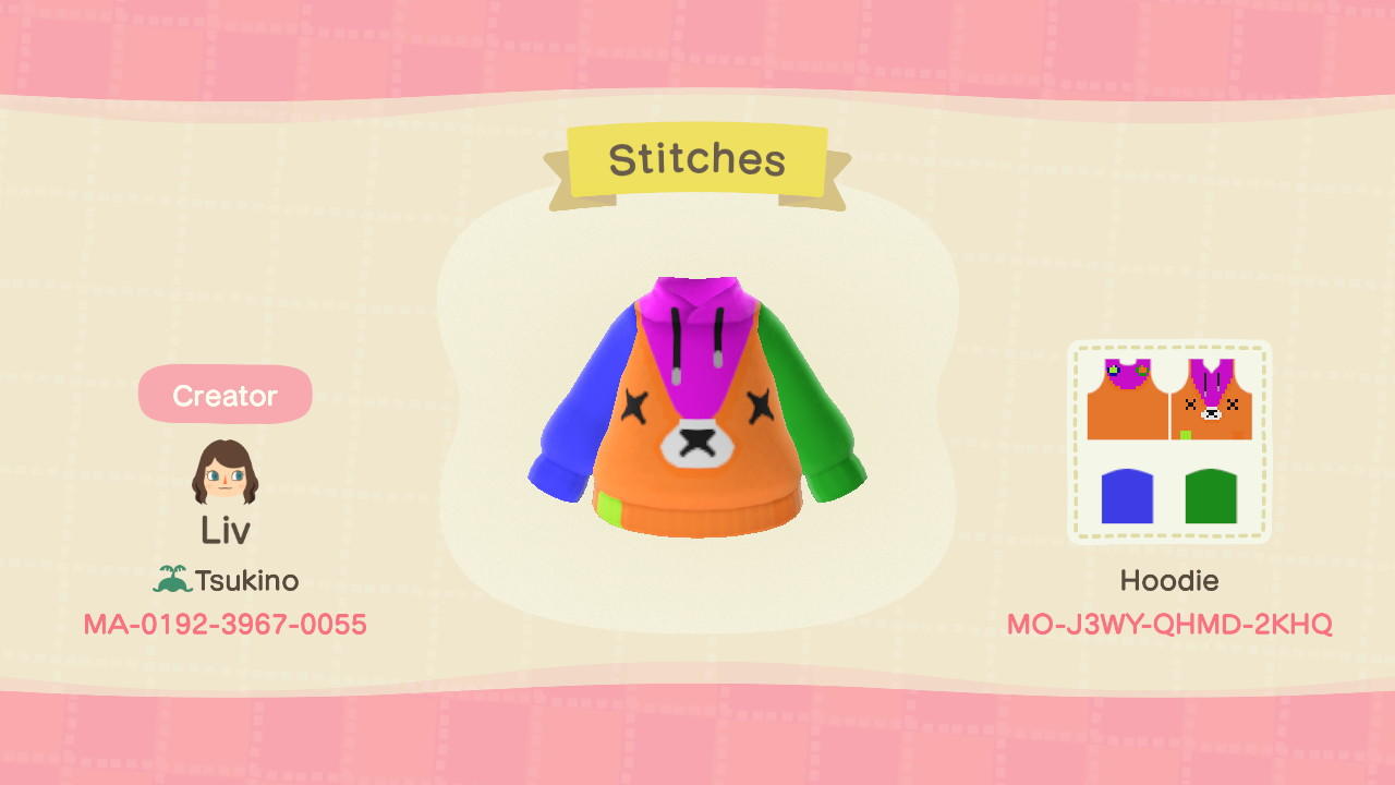 Animal Crossing Design Code: MO-J3WY-QHMD-2KHQ Stitches Sweatshirt