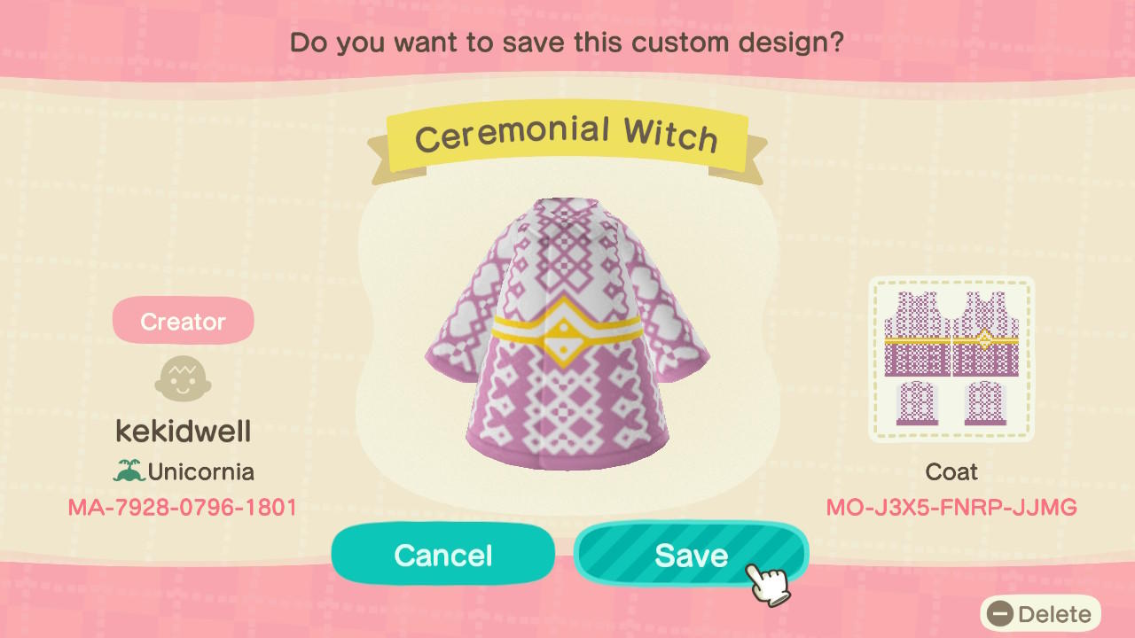 Animal Crossing Design Code: MO-J3X5-FNRP-JJMG Ceremonial Witch