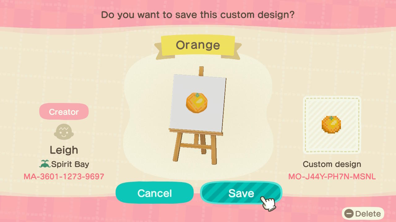 Animal Crossing Design Code: MO-J44Y-PH7N-MSNL Orange